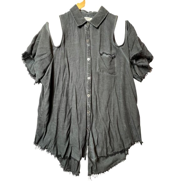 Umgee Womens L Cold Shoulder Frayed Hem Button-Down Top In Charcoal Gray - Picture 1 of 13